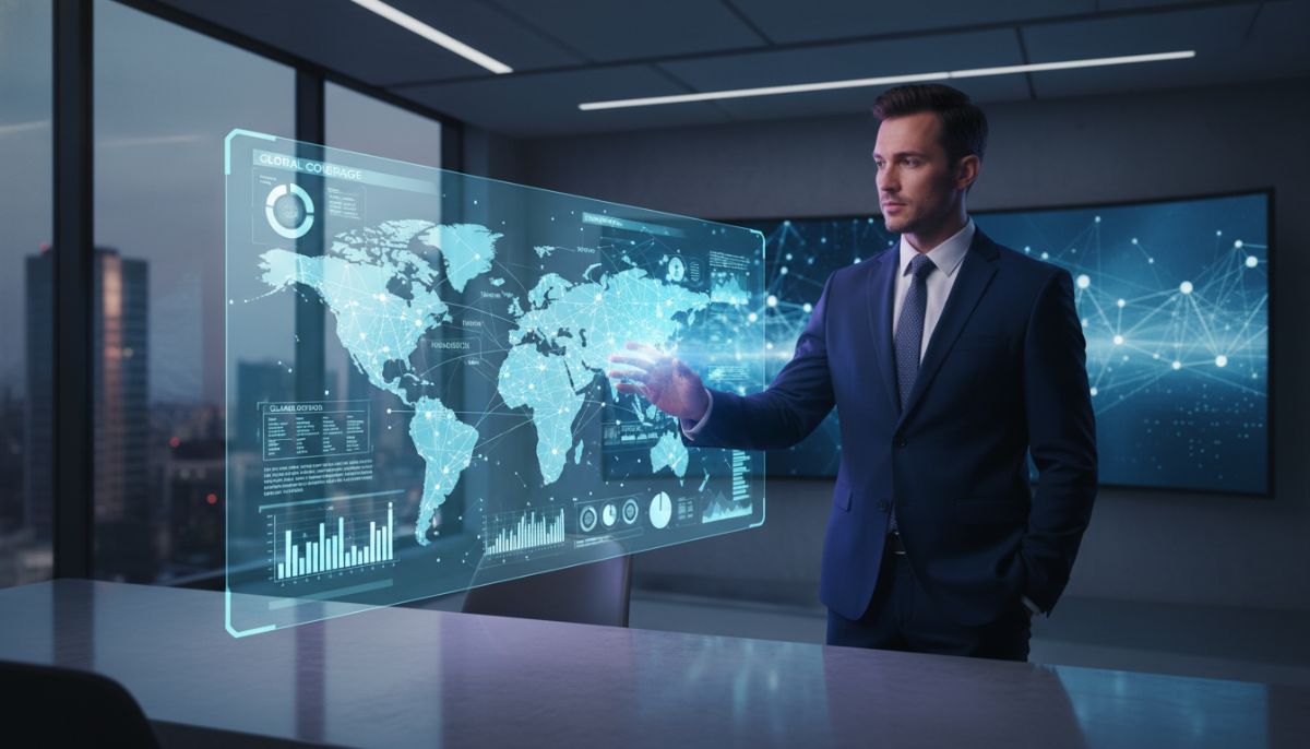 A professional medical consultant pointing at a holographic display of health insurance data and network coverage maps in a sleek modern office, cinematic lighting, 8k resolution